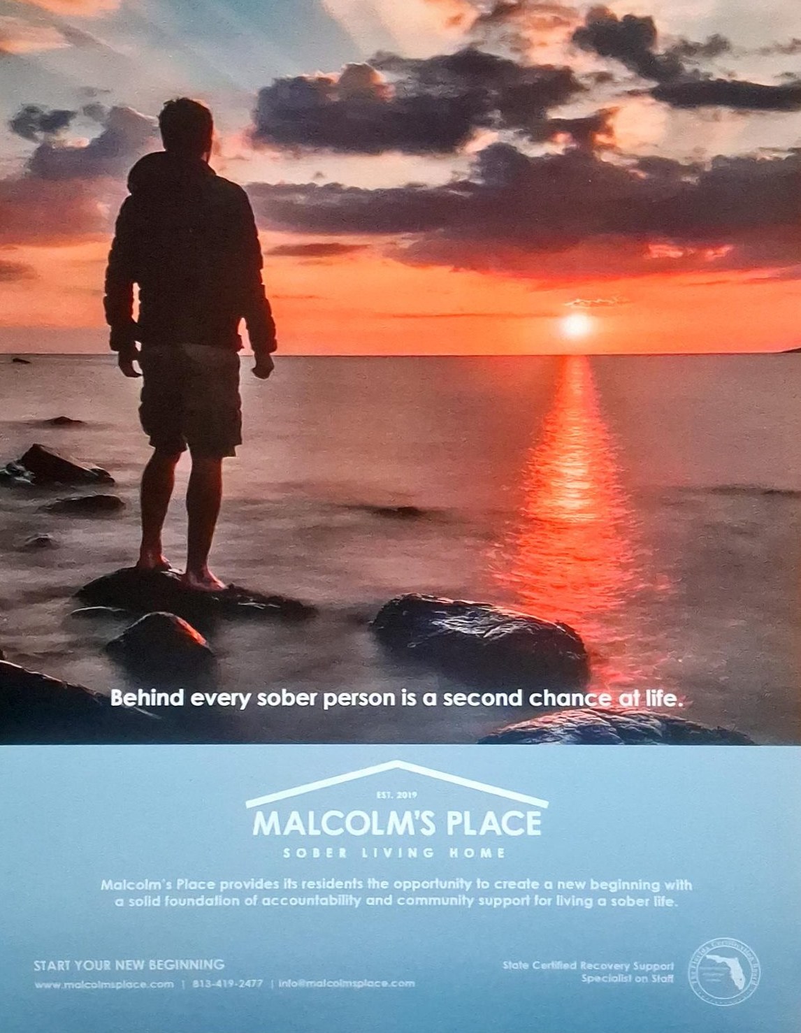Malcolm's Place flyer - Behind every sober person is a second chance at life